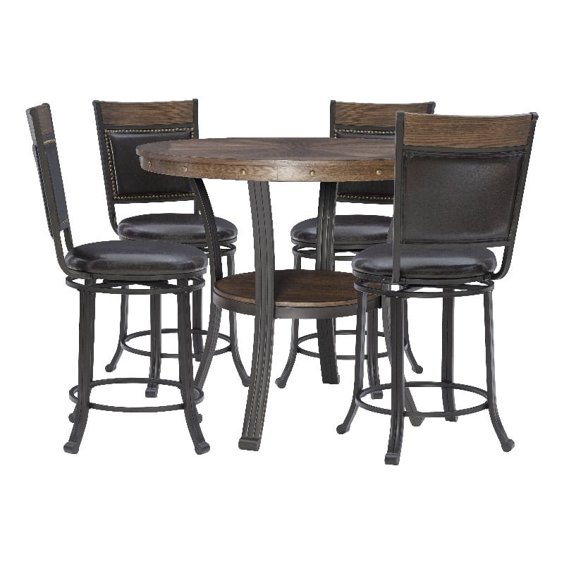 Linon Franklin Wood/Steel 5 Pce Faux Leather Counter Height Dining Set in Brown