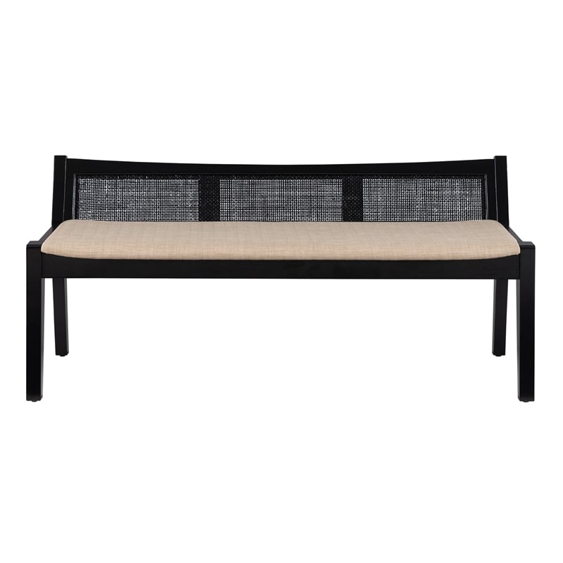 Linon Memphis Wood Bench Woven Cane Back Beige Padded Seat in Black Finish