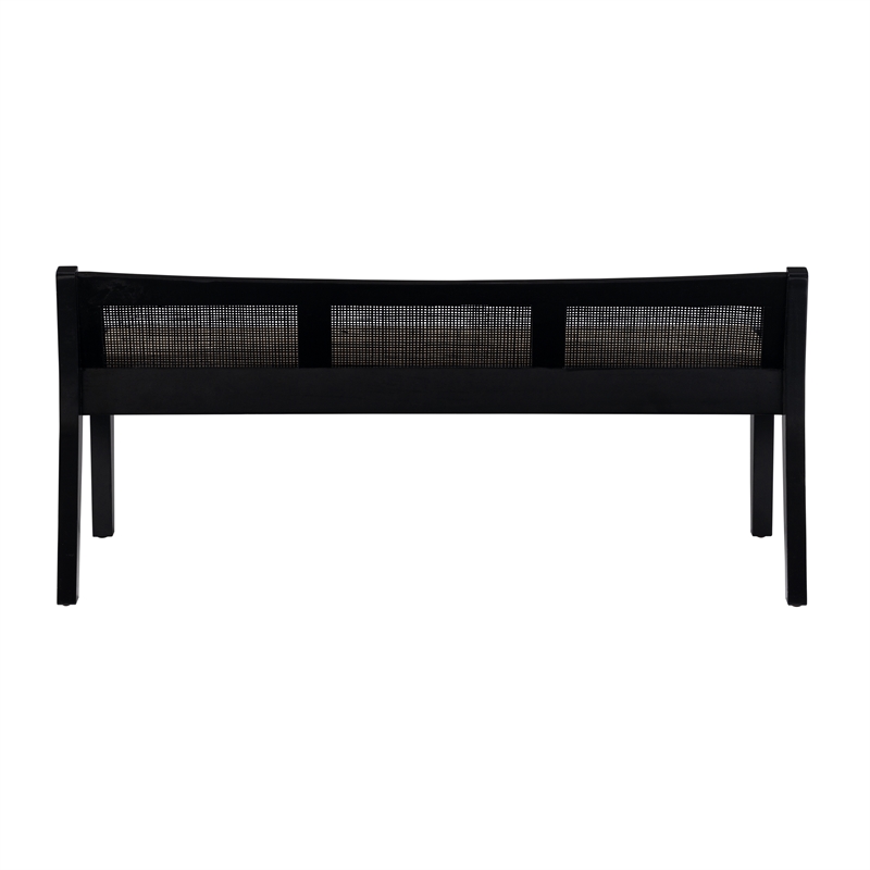 Linon Memphis Wood Bench Woven Cane Back Beige Padded Seat in Black Finish