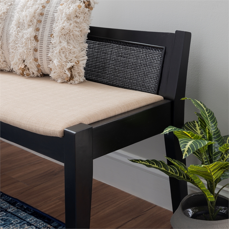 Linon Memphis Wood Bench Woven Cane Back Beige Padded Seat in Black Finish