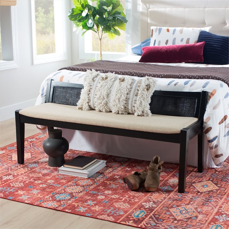 Linon Memphis Wood Bench Woven Cane Back Beige Padded Seat in Black Finish