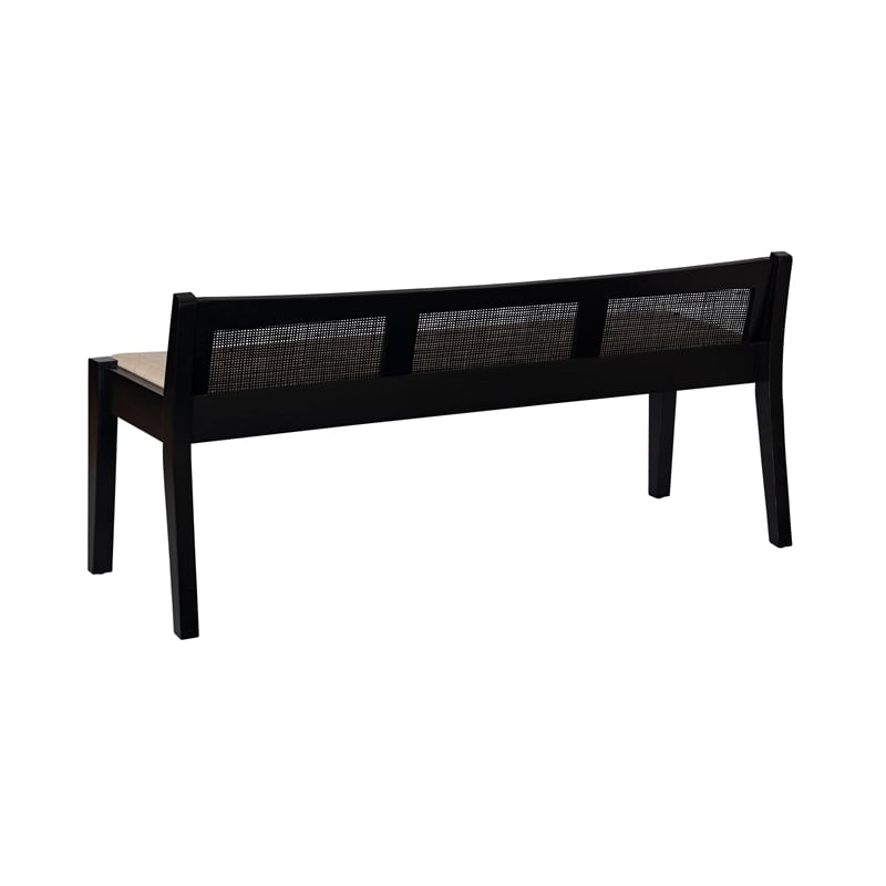 Linon Memphis Wood Bench Woven Cane Back Beige Padded Seat in Black Finish