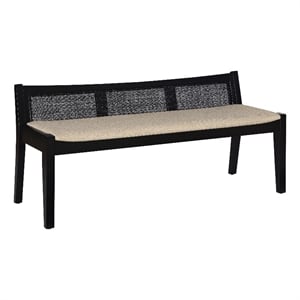 Linon Memphis Wood Bench Woven Cane Back Beige Padded Seat in Black Finish