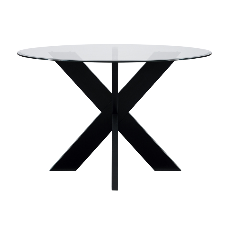 Linon Hale Dining Table Criss Cross Base and Round Glass Top in Black Wood