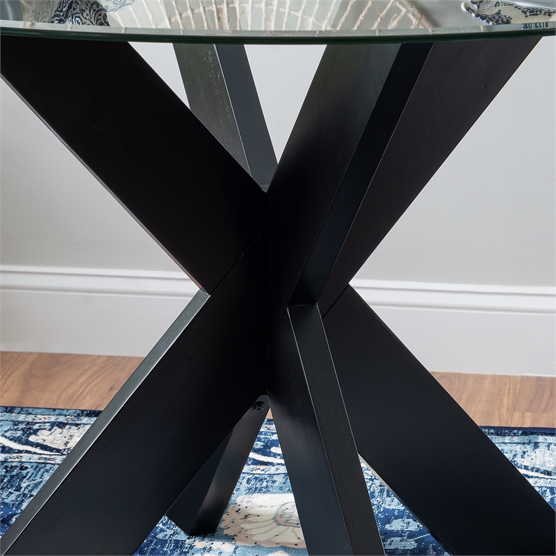 Linon Hale Dining Table Criss Cross Base and Round Glass Top in Black Wood