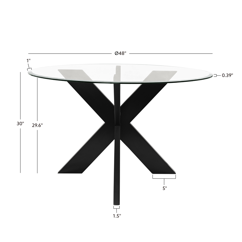 Linon Hale Dining Table Criss Cross Base and Round Glass Top in Black Wood