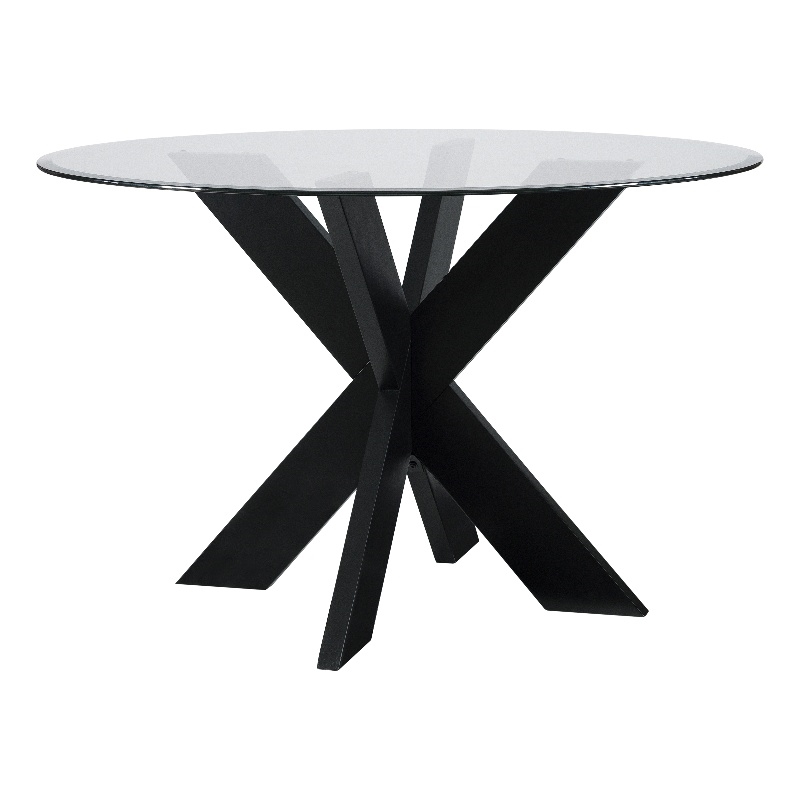 Linon Hale Dining Table Criss Cross Base and Round Glass Top in Black Wood