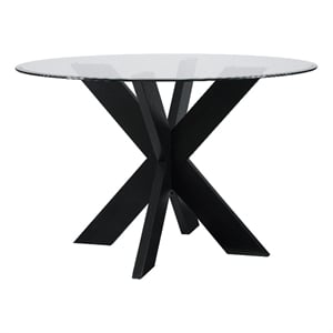 Linon Hale Dining Table Criss Cross Base and Round Glass Top in Black Wood
