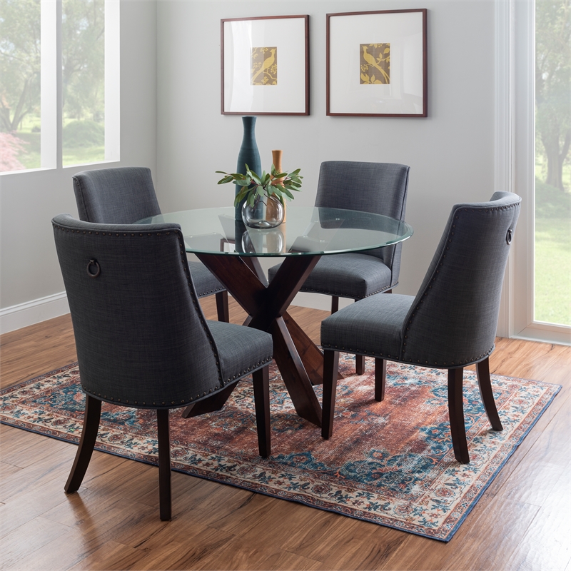 Linon Hale 5 Pce Dining Set Gray Fabric Chairs Round Glass Top in Espresso Wood