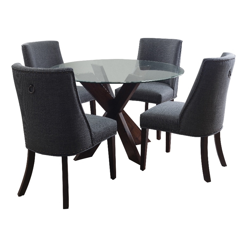 Linon Hale 5 Pce Dining Set Gray Fabric Chairs Round Glass Top in Espresso Wood