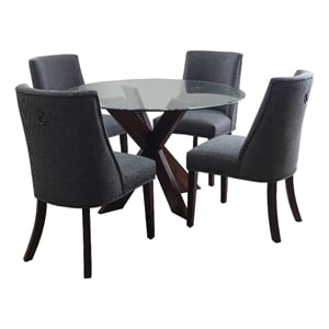 Linon Hale 5 Pce Dining Set Gray Fabric Chairs Round Glass Top in Espresso Wood