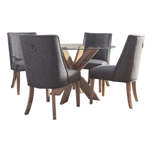 Linon Hale 5 Pce Upholstered Dining Set Round Table in Natural Wood/Gray Fabric