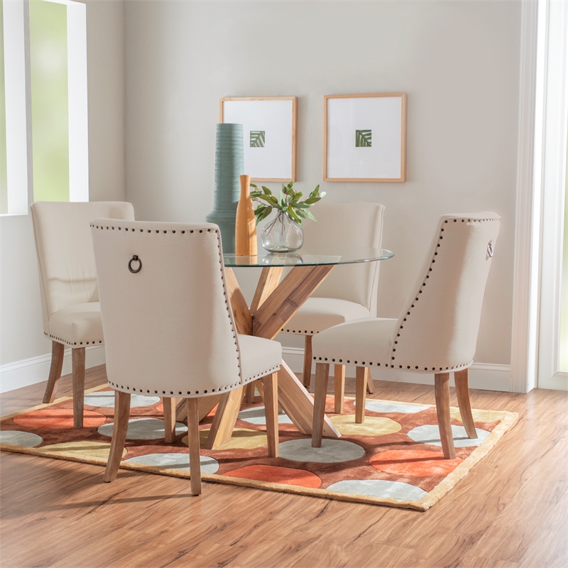 Linon Hale 5 Pce Upholstered Dining Set Round Table in Natural Wood/Gray Fabric