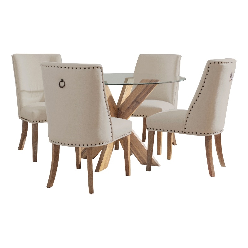 Linon Hale 5 Pce Upholstered Dining Set Round Table in Natural Wood/Gray Fabric