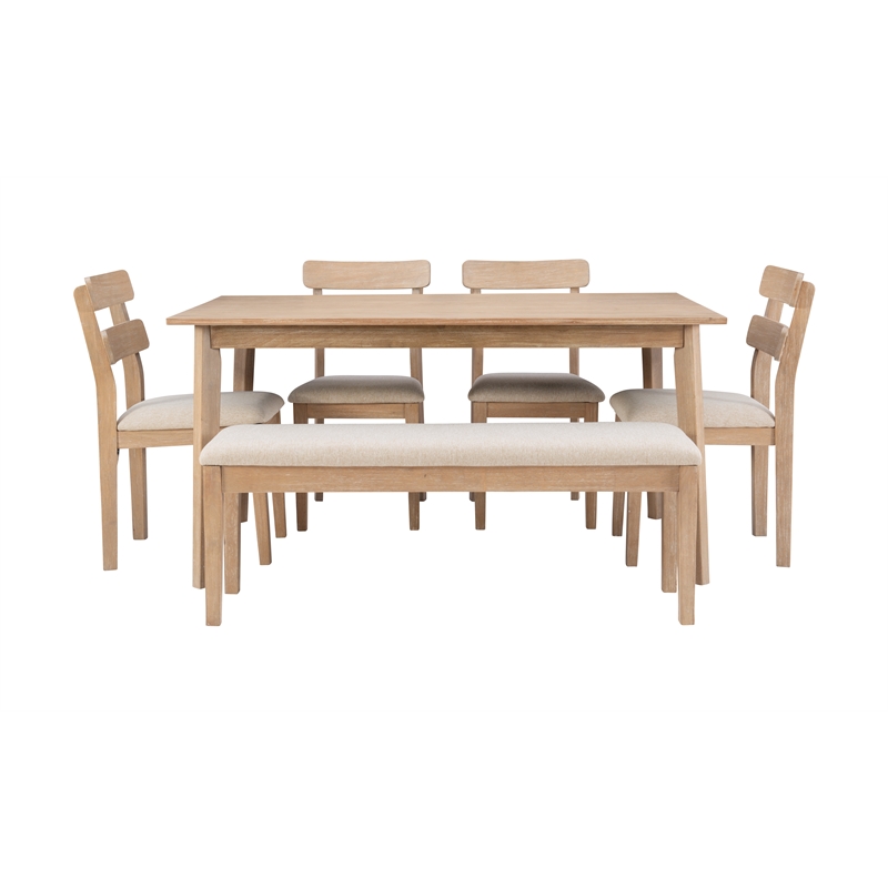 Linon Miles Six Piece Upholstered Dining Set with Bench in Natural Wood Finish
