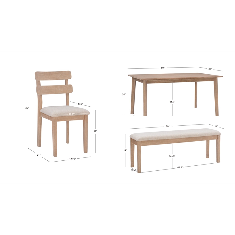 Linon Miles Six Piece Upholstered Dining Set with Bench in Natural Wood Finish