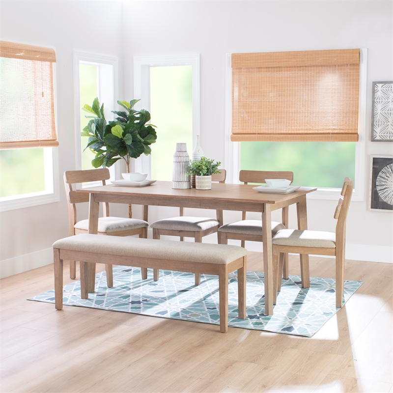 Linon Miles Six Piece Upholstered Dining Set with Bench in Natural Wood Finish