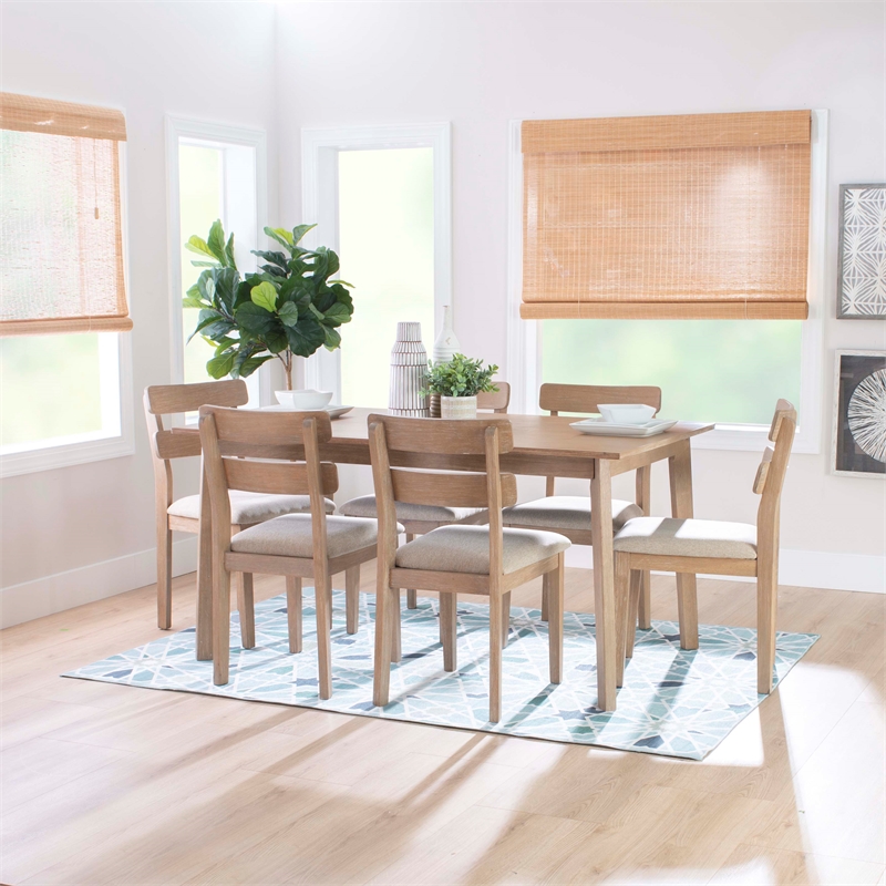 Linon Miles Seven Piece Upholstered Dining Set in Rustic Natural Wood Finish
