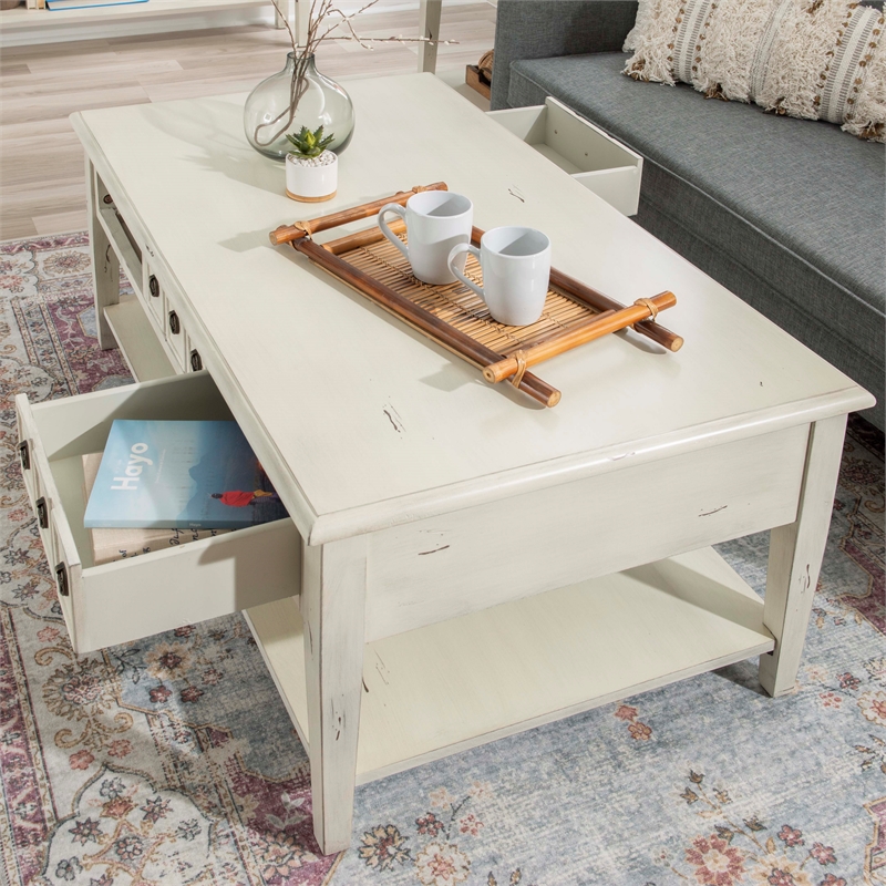 Linon Sadie Wood Coffee Table with Storage in Cream