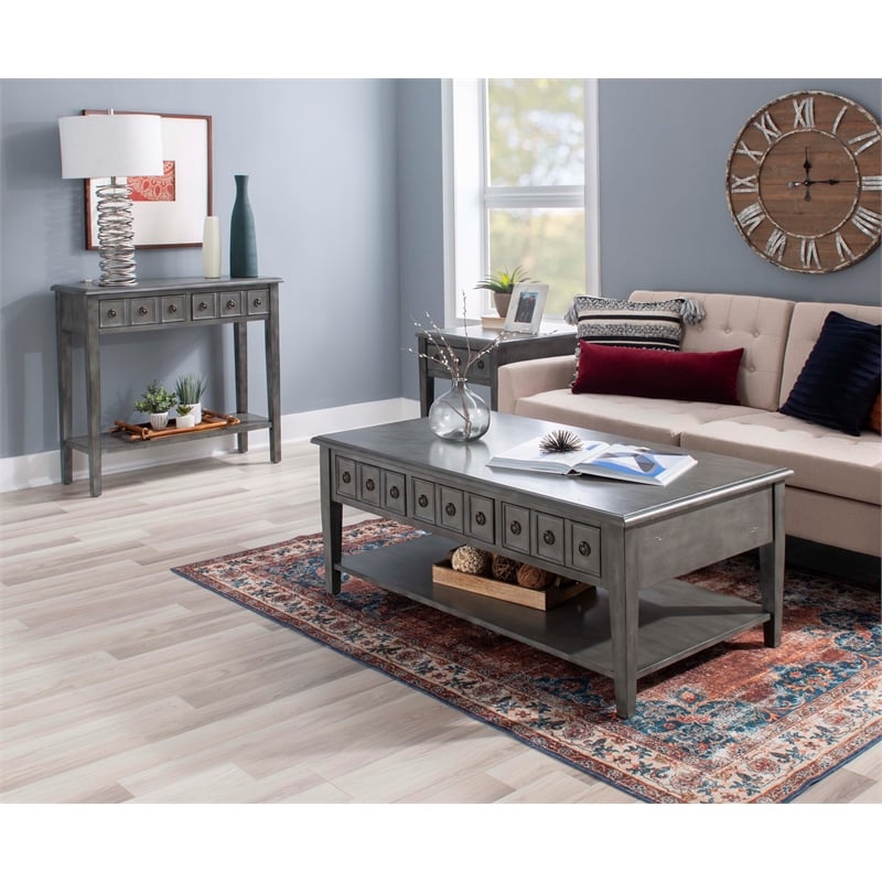Linon Sadie Coffee Table with 3 Drawers and Bottom Shelf in Gray Distressed Wood