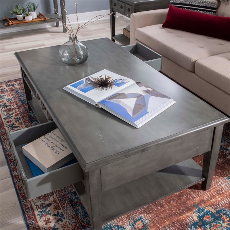 Linon Sadie Coffee Table with 3 Drawers and Bottom Shelf in Gray Distressed Wood
