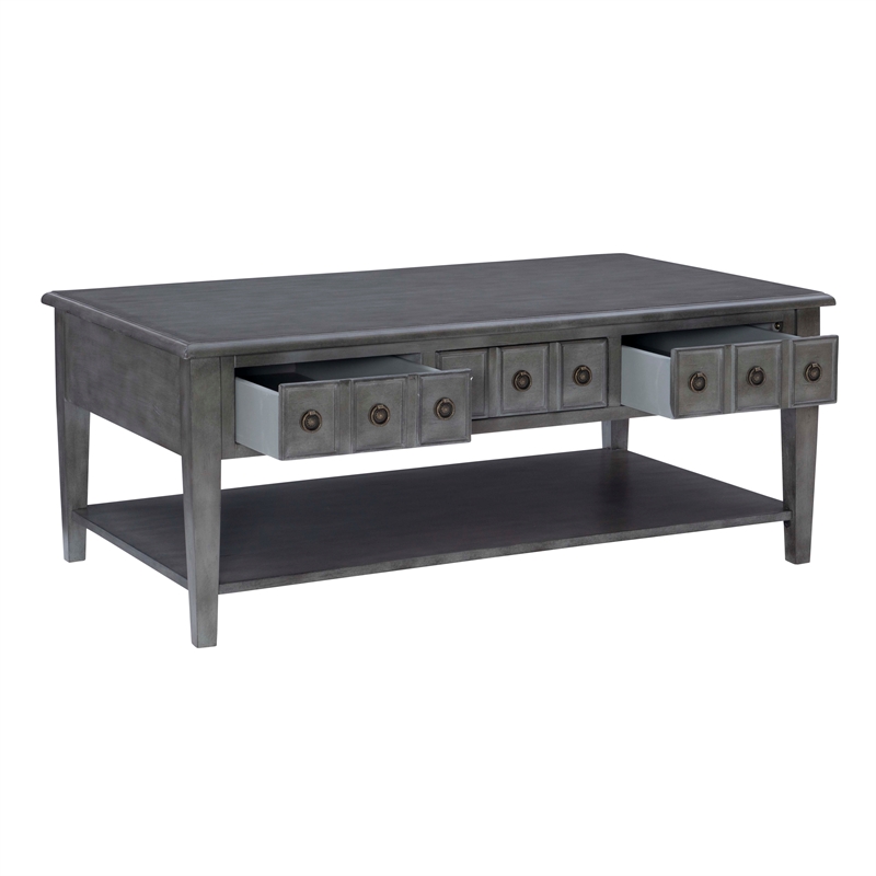 Linon Sadie Coffee Table with 3 Drawers and Bottom Shelf in Gray Distressed Wood