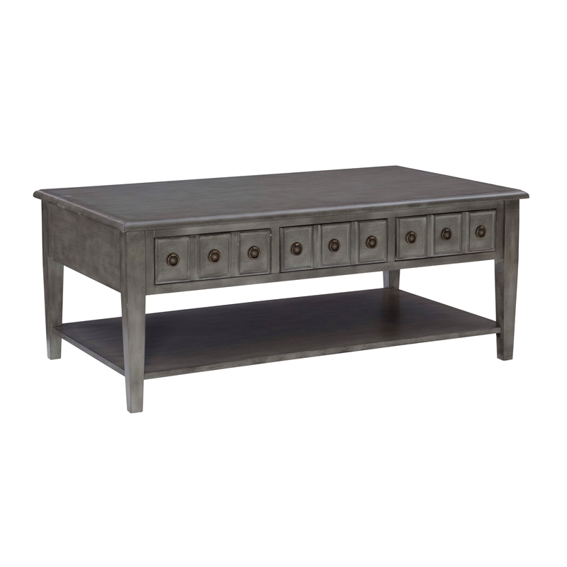 Linon Sadie Coffee Table with 3 Drawers and Bottom Shelf in Gray Distressed Wood
