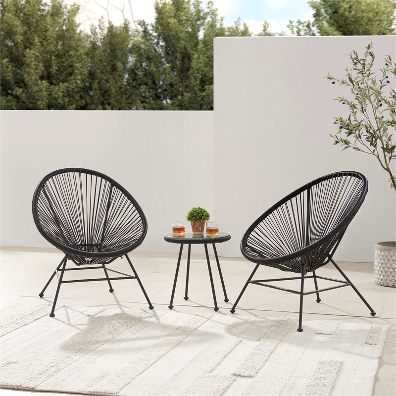 Linon Tallie Outdoor Oval Chair Handwoven Wicker Roping Steel Frame in Black
