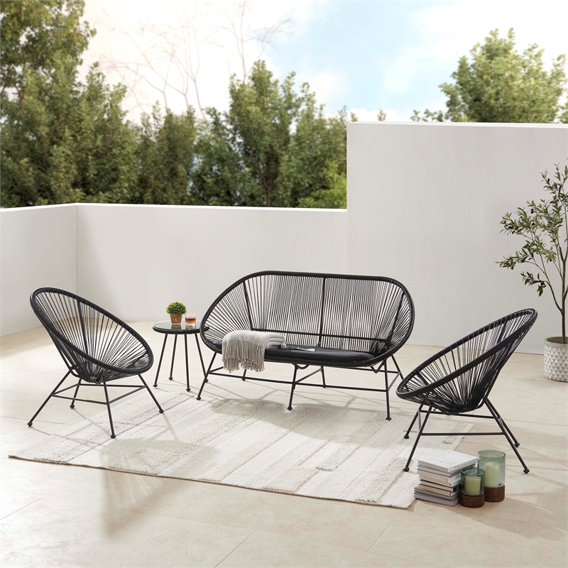 Linon Tallie Outdoor Oval Chair Handwoven Wicker Roping Steel Frame in Black