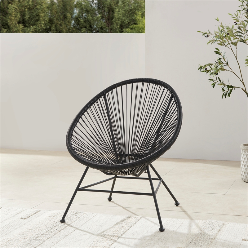 Linon Tallie Outdoor Oval Chair Handwoven Wicker Roping Steel Frame in Black