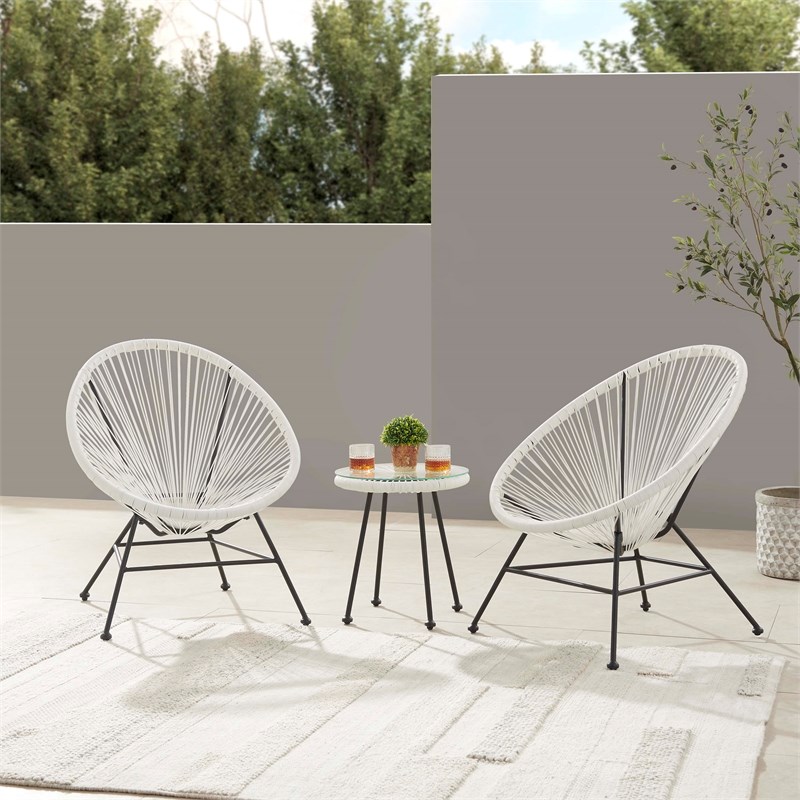 Linon Tallie Outdoor Oval Chair Handwoven Wicker Roping Steel Frame in White