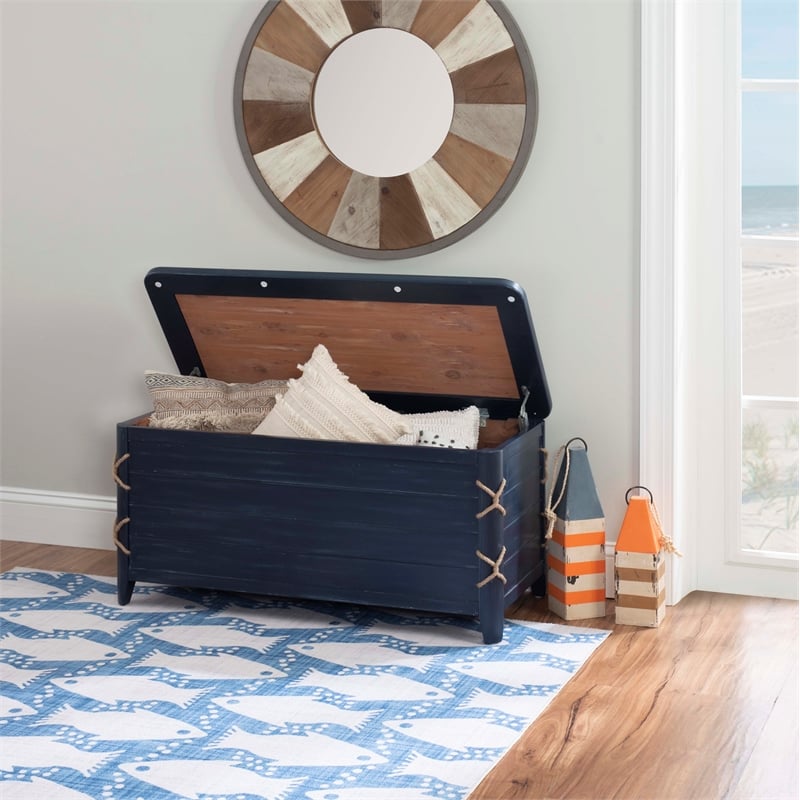 Linon Zana Cedar Lined Storage Chest with Rope Detail in Blue Distressed Wood