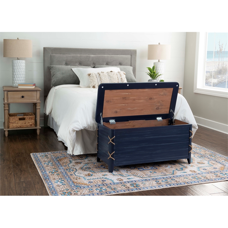 Linon Zana Cedar Lined Storage Chest with Rope Detail in Blue Distressed Wood