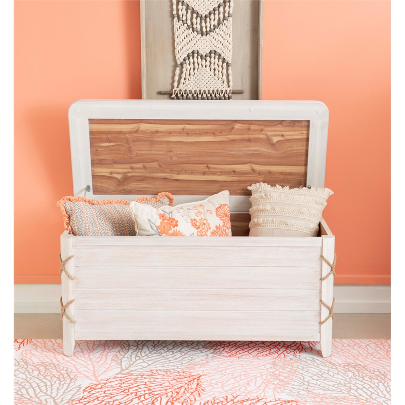 Linon Zana Cedar Lined Storage Chest with Rope Detail in White Distressed Wood
