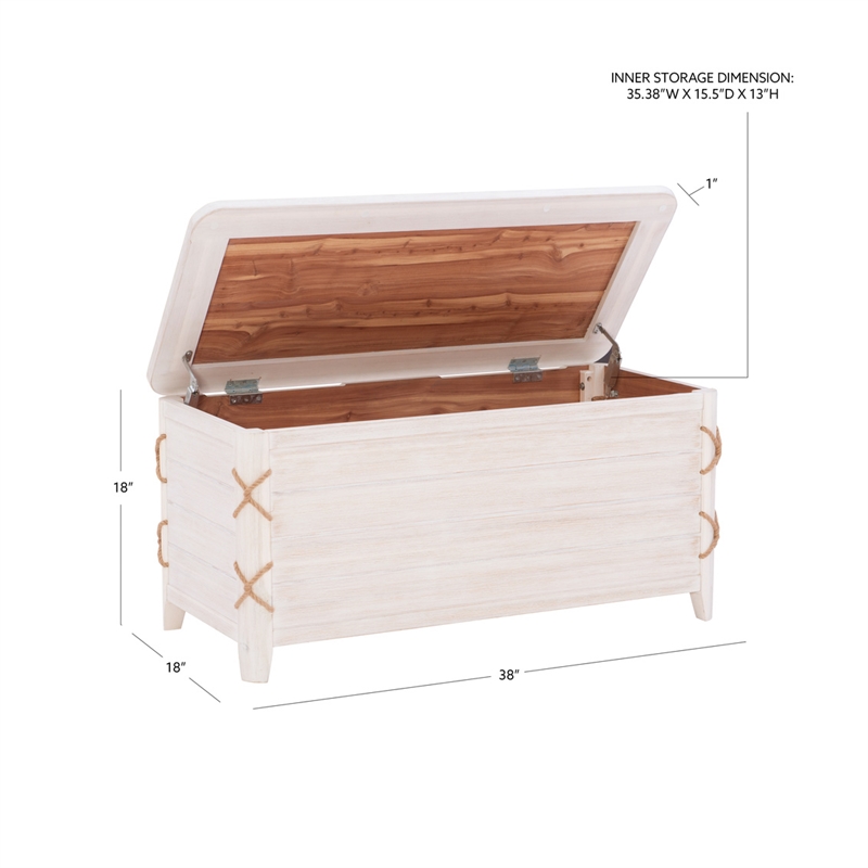 Linon Zana Cedar Lined Storage Chest with Rope Detail in White Distressed Wood