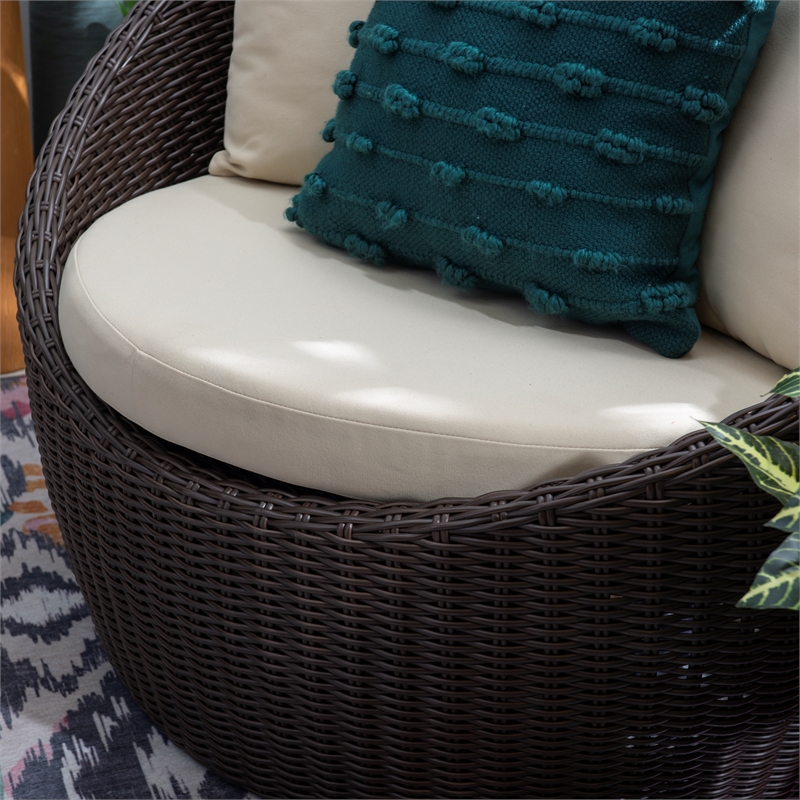 Linon Nara Outdoor Snuggle Chair Resin Wicker Weave with Cushions in Dark Brown
