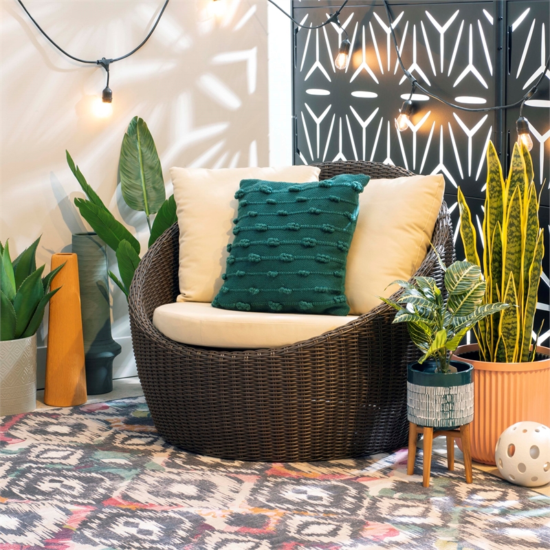 Linon Nara Outdoor Snuggle Chair Resin Wicker Weave with Cushions in Dark Brown
