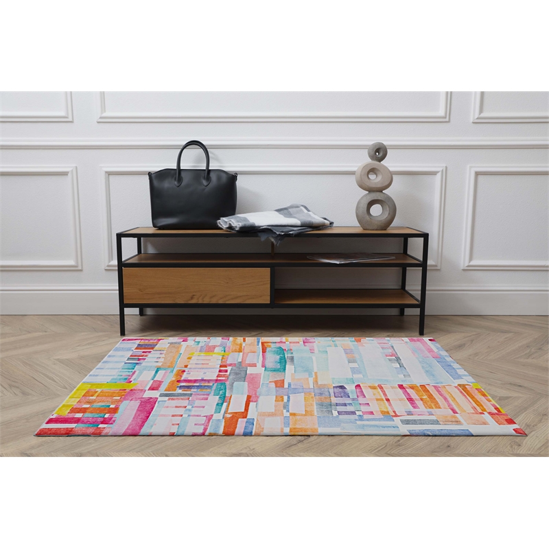 Linon Motif Printed Faux Rabbit Swatch Polyester 3'x5' Accent Rug in Pink