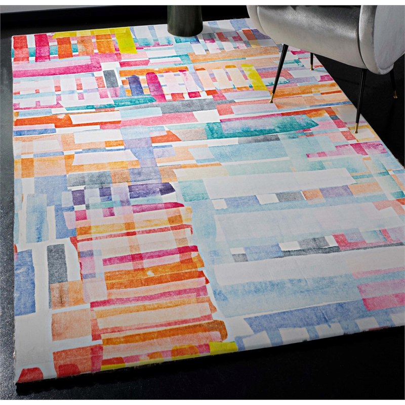 Linon Motif Printed Faux Rabbit Swatch Polyester 5'x7' Area Rug in Pink