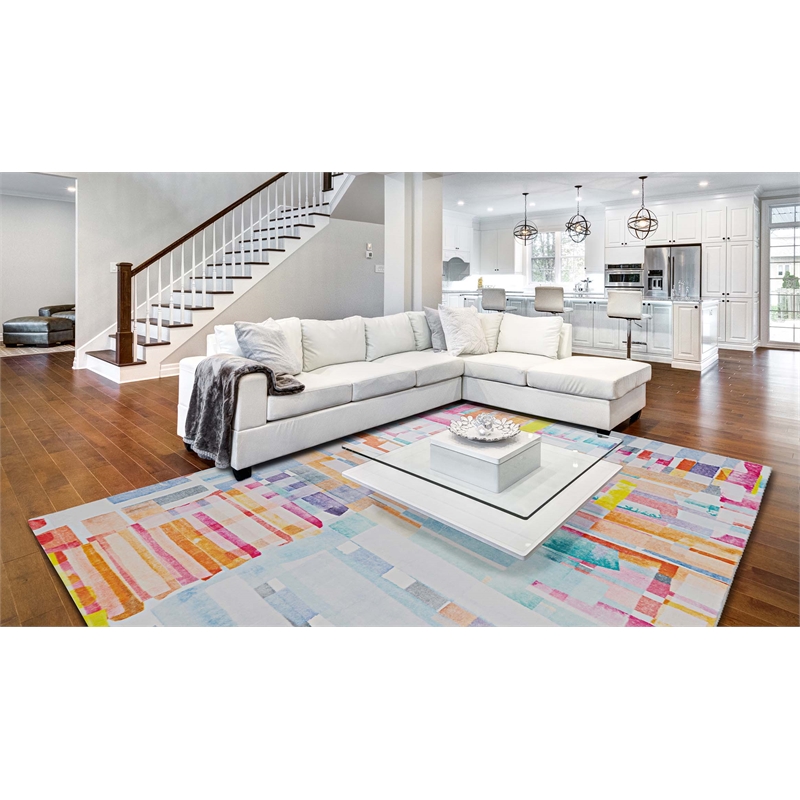 Linon Motif Printed Faux Rabbit Swatch Polyester 8'x10' Area Rug in Pink