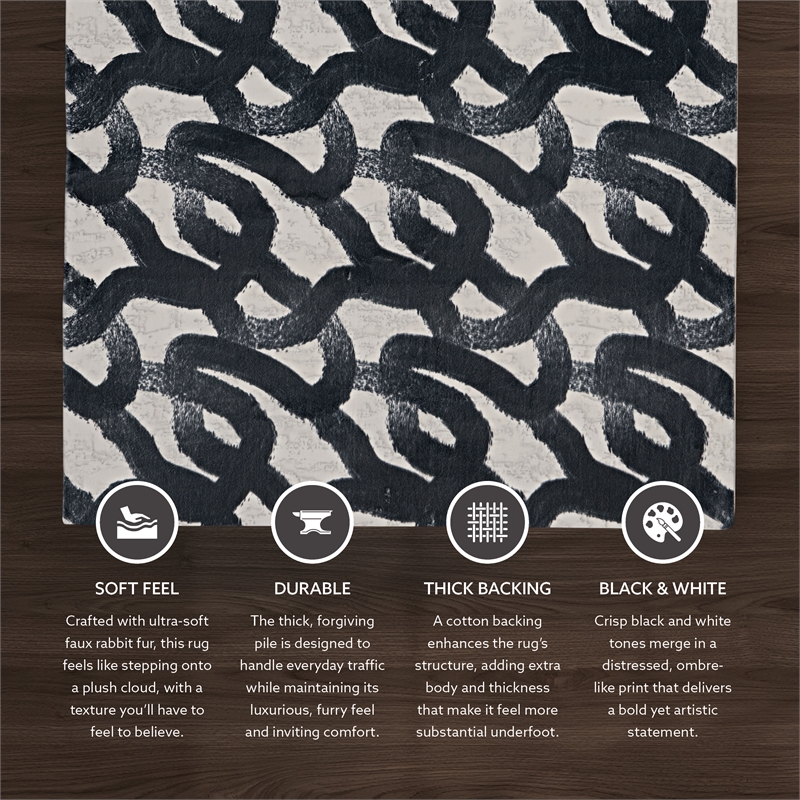 Linon Motif Printed Faux Rabbit Sketch Polyester 3'x5' Accent Rug in Black