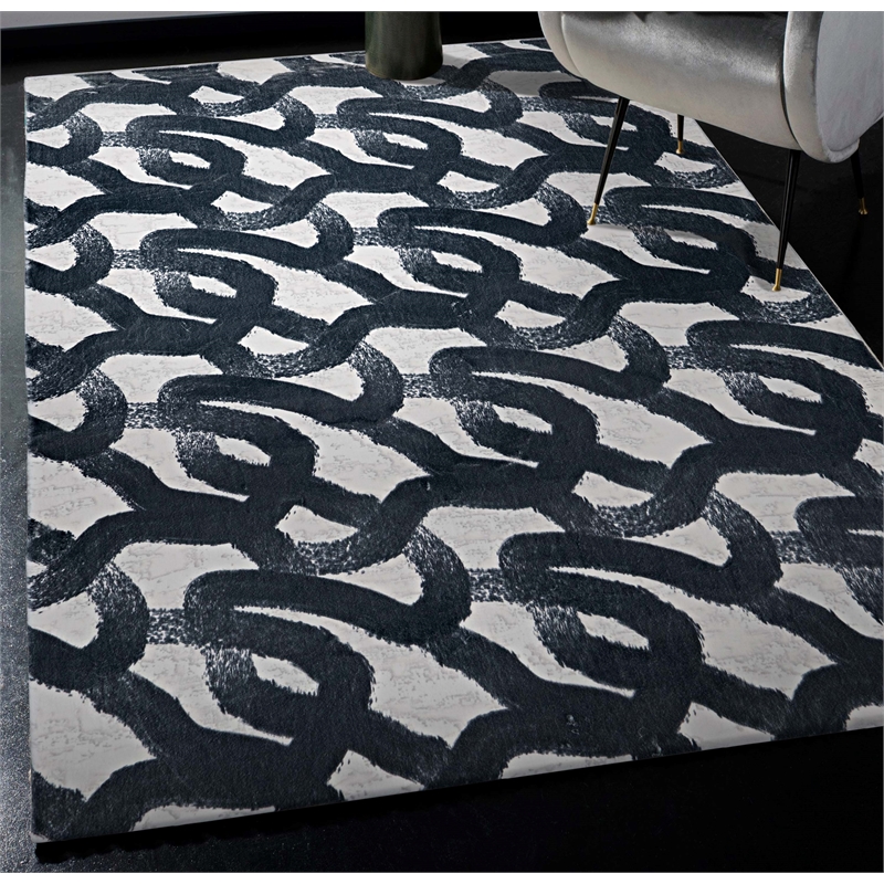 Linon Motif Printed Faux Rabbit Sketch Polyester 5'x7' Area Rug in Black