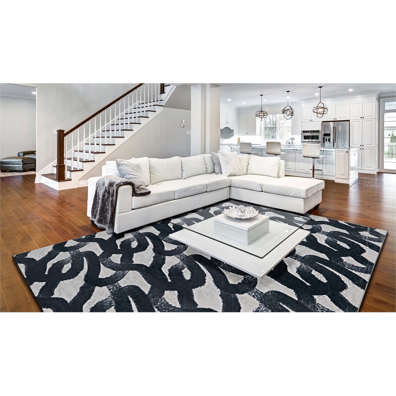 Linon Motif Printed Faux Rabbit Sketch Polyester 8'x10' Area Rug in Black