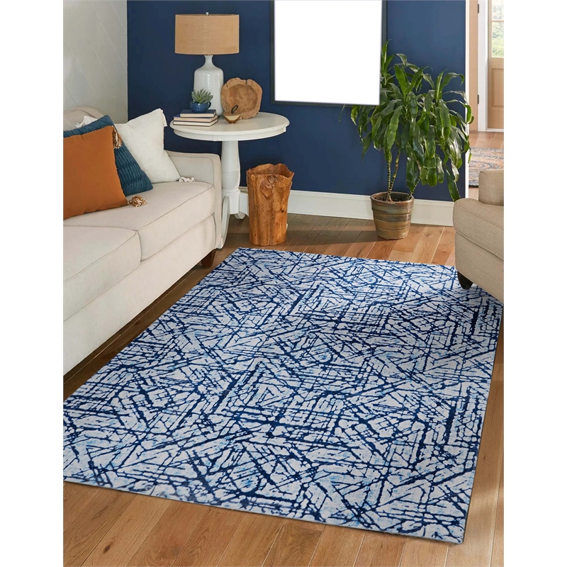 Linon Motif Printed Faux Rabbit Ingrain Polyester 5'x7' Area Rug in Blue