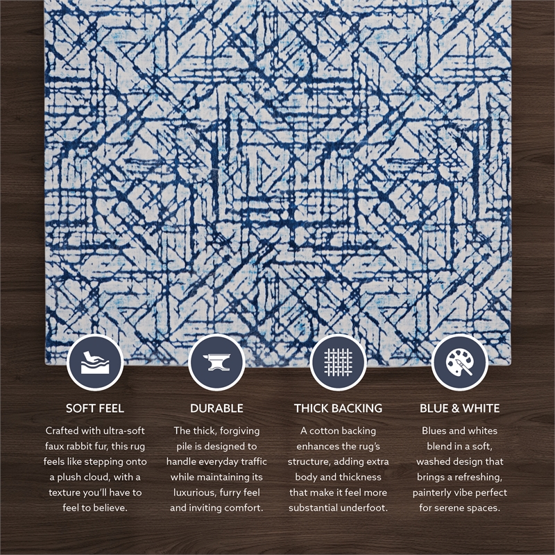 Linon Motif Printed Faux Rabbit Ingrain Polyester 5'x7' Area Rug in Blue