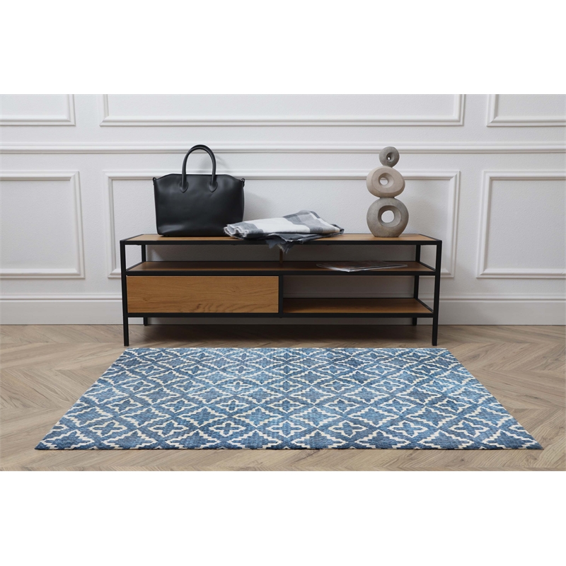 Linon Motif Printed Faux Rabbit Linear Polyester 3'x5' Accent Rug in Blue