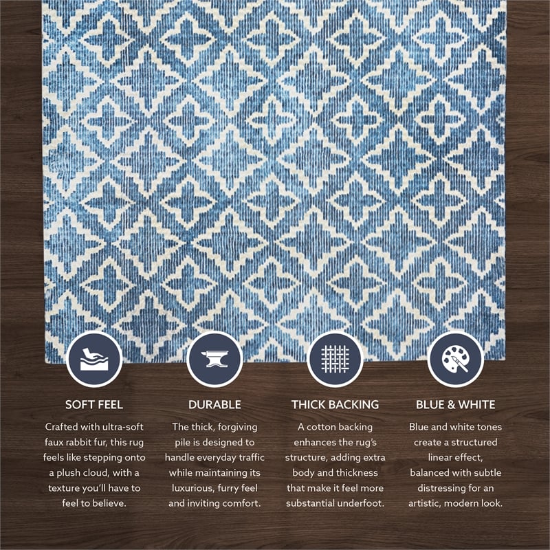 Linon Motif Printed Faux Rabbit Linear Polyester 3'x5' Accent Rug in Blue