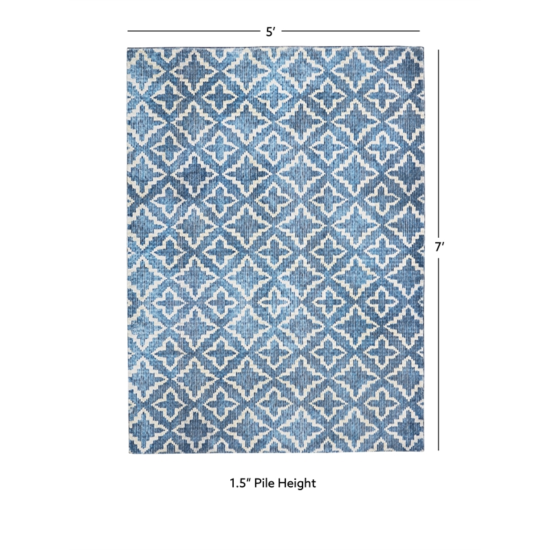 Linon Motif Printed Faux Rabbit Linear Polyester 5'x7' Area Rug in Blue