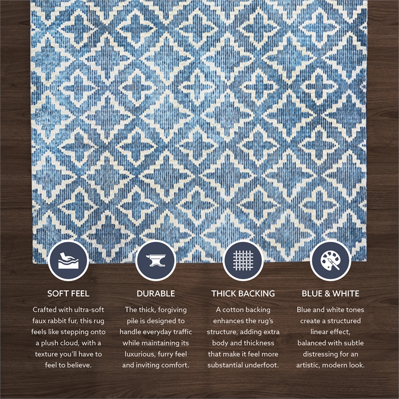 Linon Motif Printed Faux Rabbit Linear Polyester 8'x10' Area Rug in Blue