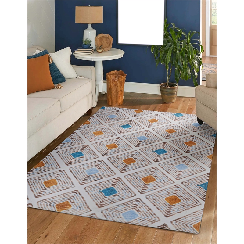 Linon Motif Printed Faux Rabbit Blinx Polyester 5'x7' Area Rug in Ivory
